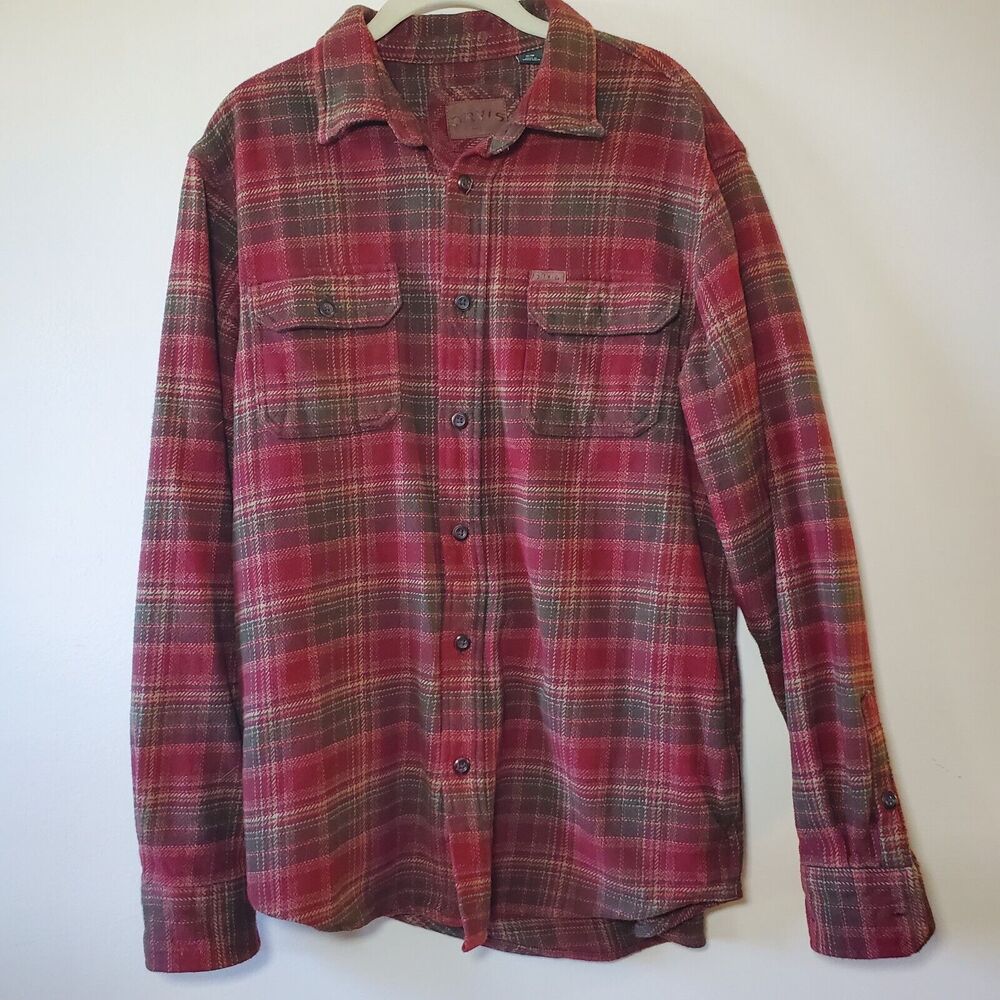 Orvis Mens M Heavy Cotton Flannel Shirt Jacket Red Plaid Shacket Country Ranch
